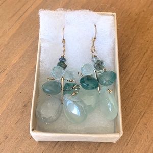 Hand-Beaded Designer Drop Down Group Green Gold Earrings